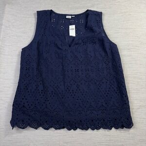 Gap Eyelet Tank Navy Uniform Blue Cotton V-Neck Scalloped Hem Top Medium NEW